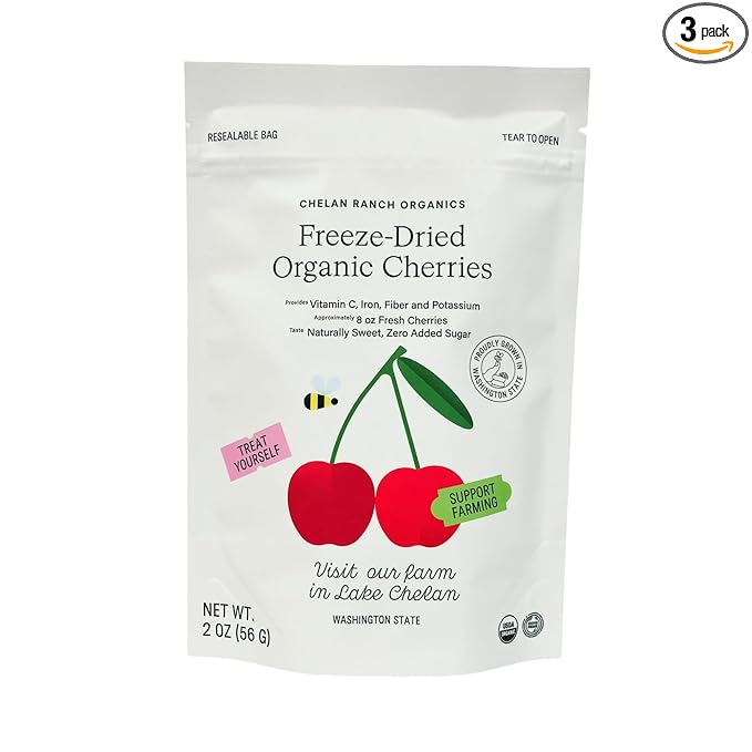 Chelan Ranch Organics Freeze-Dried Organic Cherries Non-GMO &amp Vegan 2 Ounce Bag (3-Pack)