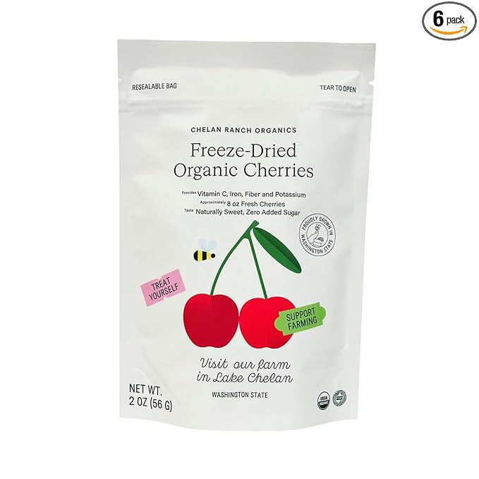Chelan Ranch Organics Freeze-Dried Organic Cherries Non-GMO &amp Vegan 2 Ounce Bag (6-Pack)
