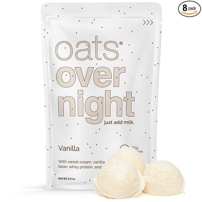 Oats Overnight Vanilla - Overnight Oats with 20g Whey Protein High Fiber Breakfast Protein Shake - Gluten Free Oatmeal Non GMO High Protein Oatmeal (2.8 oz per Meal) (8 Pack)