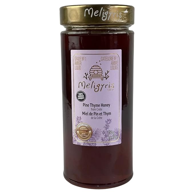 Meligyris Pure Pine Thyme Honey from Crete Greece - 100% Pure Raw and Unfiltered Non-GMO - 26.4555 Ounce Jar