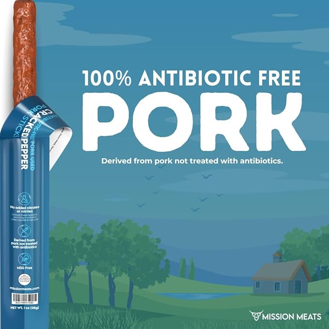 Mission Meats Pork Meat Sticks – Antibiotic Free Sugar Free Individually Wrapped AIP Friendly Delicious Healthy Snacks Paleo Whole 30 Cracked Pepper 1oz (24ct)