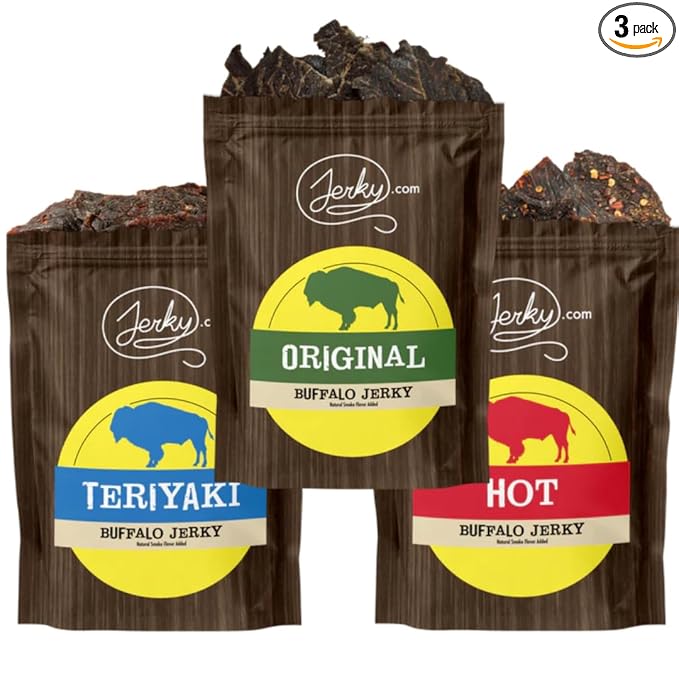 Jerky.com Exotic Buffalo Jerky Sampler - Wild Game Meat Snacks Exotic Snacks High-Protein All-Natural No Added Preservatives - Healthy Snacks for Adults - 1.75 oz. (Pack of 3)