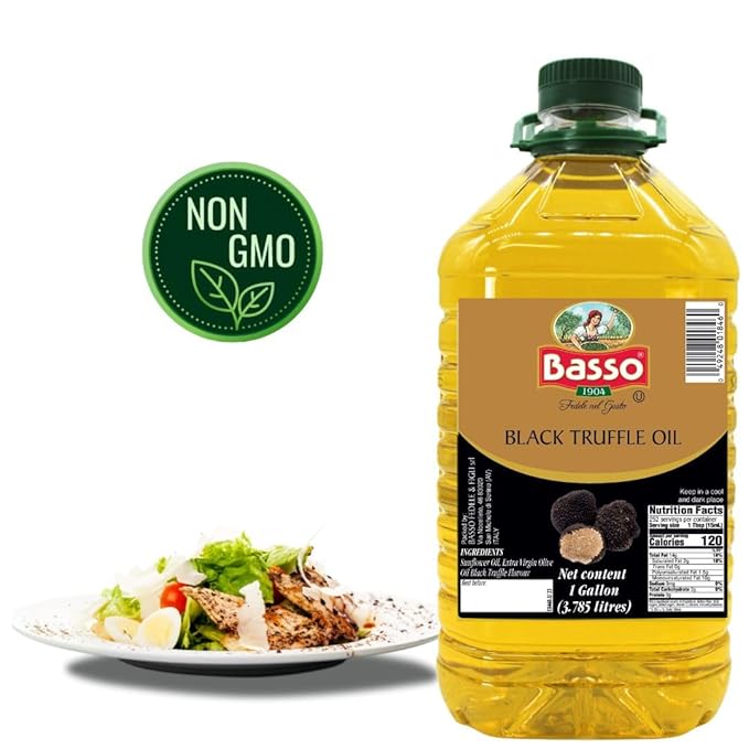 BASSO 1904 Black Truffle Infused Oil – Bulk 1 Gallon (3.785L) – Italian Extra Virgin Olive Oil with Truffle Aroma – Non-GMO Gourmet Finishing Oil for Pasta Risotto &amp Pizza – Product of Italy