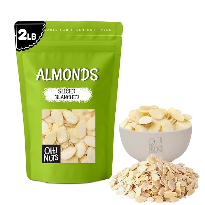 Oh! Nuts Almonds Blanched Sliced - Raw - 100% Natural - 2 LB - High-Protein Almonds - Packed in New York Zip-Seal Bag for Exceptional Freshness
