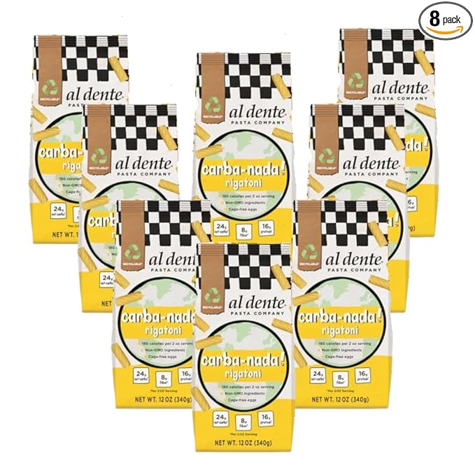 Al Dente Carba-Nada Rigatoni - Low Carb High Protein - Keto &amp Point-Based Diet-Friendly Artisanal Pasta Noodles Cage-Free Eggs &amp Non-GMO Ingredients. 12 Ounce (Pack of 8)