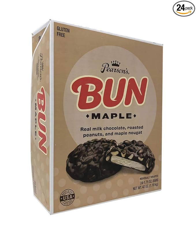 Pearson's Maple BUN Cluster Bar | Roasted Peanuts Real Milk Chocolate and Maple Nougat | Pack of 24 |Individually Wrapped