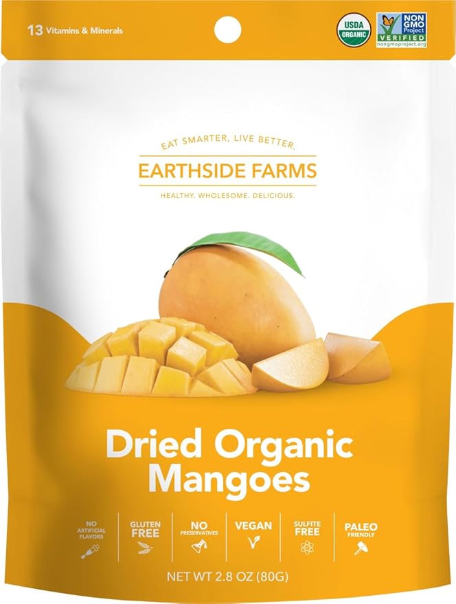 Earthside Farms - Dried Organic Mango Variety Pack Original Citrus Splash Lime Kick and Peach Paradise Dried Organic Mangoes Gluten Free No Added Sugar Non GMO Organic Vegan No Preservatives