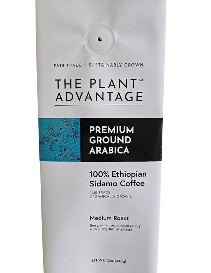 Organically Grown Fair Trade Certified Ethiopian SIdamo Coffee Ground Coffee Beans 12 oz Medium Roast Arabica Coffee Sustainably Farmed The Plant Advantage