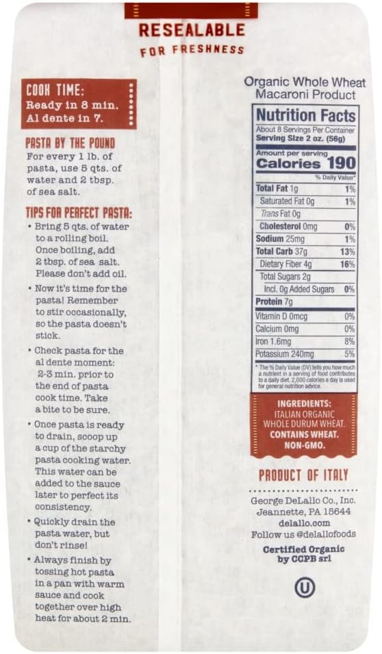 DeLallo Whole Wheat Orzo 16.0 OZ(Pack of 12)12