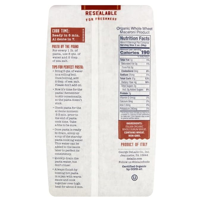 Delallo Organic Whole Wheat Orzo Pasta 17 Ounce - 16 per case.