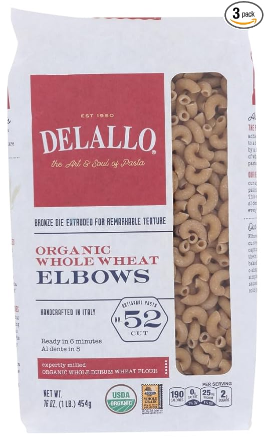 DeLallo Elbows No. 52 100% Organic Whole Wheat Pasta 16 oz (454 g)(Pack of 3)
