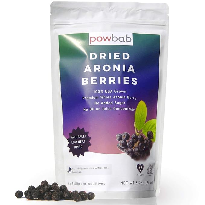 powbab Dried Aronia Berries from 100% USA Grown Organic Aronia Chokeberry. No Added Sugar. Not Freeze Dried Not Frozen. Made in USA Whole Black Chokeberry (6.5 oz)