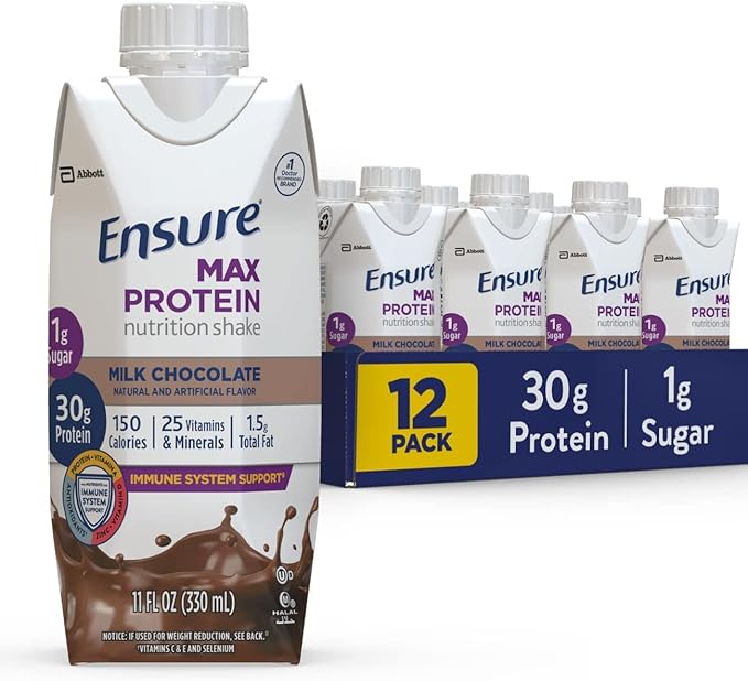 Ensure Max Protein Nutrition Shake with 30g of Protein &amp Max High Protein Nutrition Shake Milk with 30g of Protein 1g of Sugar Chocolate w/Caffeine 11 Fl Oz (Pack of 12)