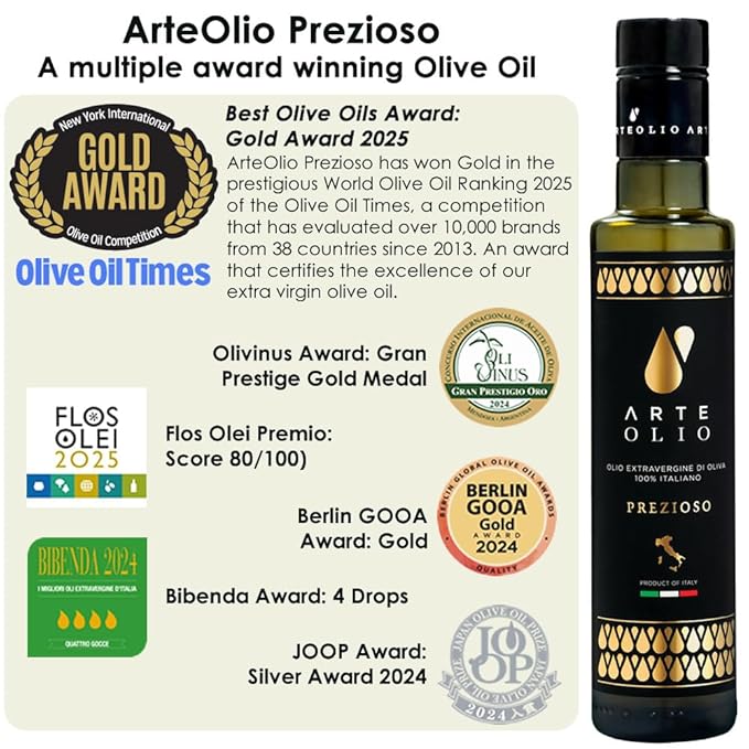 ArteOlio Prezioso Olive Oil: 100% Extra virgin cold pressed olive oil directly from Italy made in Single Estate Unordinary Rich Taste (250mL Bottle)