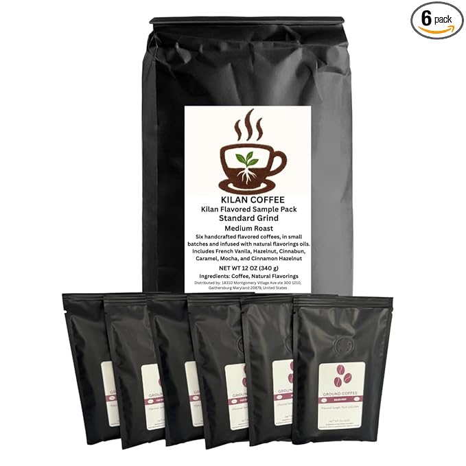Flavored Coffee Sample Pack – 6 Medium Roast Coffees (French Vanilla Hazelnut Cinnabun Caramel Mocha Cinnamon Hazelnut) 6 x 2 oz (12 oz Total) – Kilan Coffee