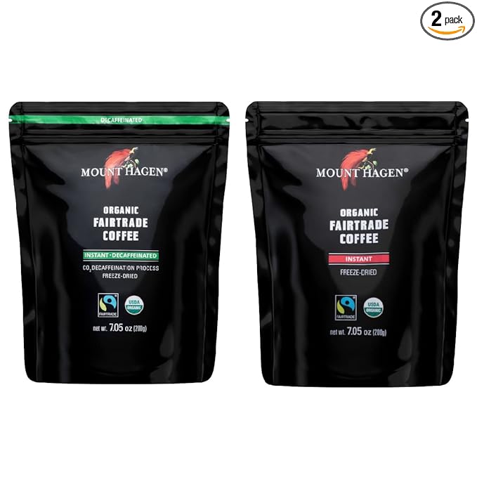Mount Hagen 7.05oz Organic Freeze Dried Instant Caffeinated + Decaffeinated Coffee Resealable Pouch Bags - 2 Pack | Eco-friendly Fair-Trade Coffee Medium Roast Arabica Beans [2x7.05oz]