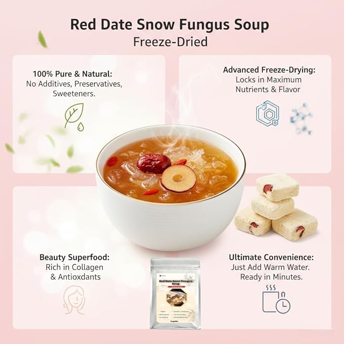 Freeze-Dried Red Date Snow Fungus Soup with Longan Instant White Fungus 100% Natural Vegan Low Fat 15 Packs
