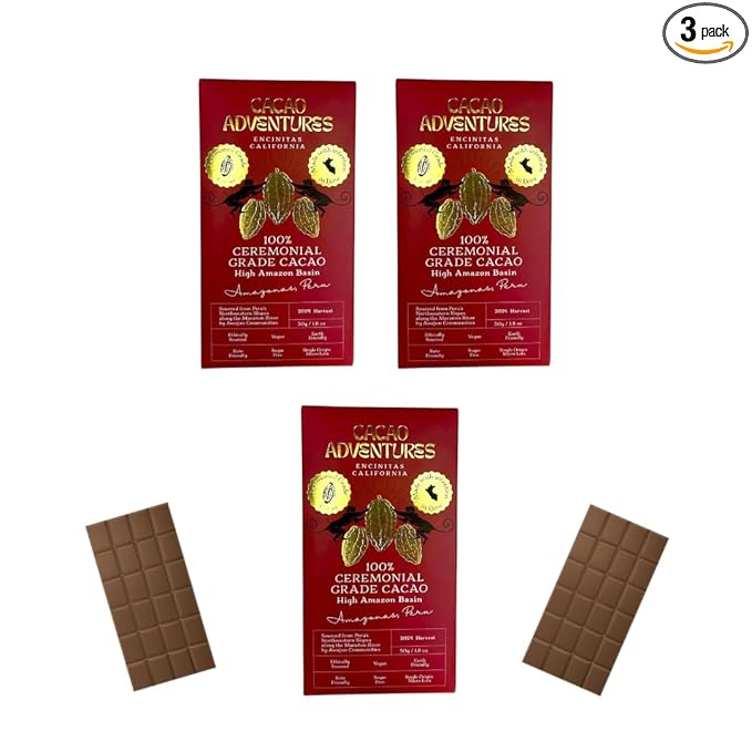 Cacao Adventures - 100% Pure Ceremonial Grade Cacao Bar | Wild Strains | Ethically Sourced Sustainably Grown | (1.76 oz - Pack of 3)