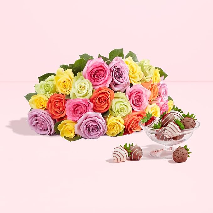 Shari’s Berries 12 Assorted Roses &amp 6 Gourmet Chocolate Covered Strawberries Gift Bundle| Flower &amp Chocolate Gift Delivery for Valentine's Day Anniversary Birthday &amp Thank You (No Vase)