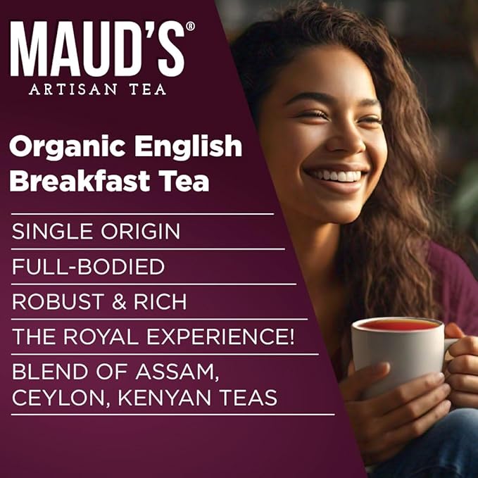 Maud's Organic English Breakfast Black Tea Pods 48 ct Single Serve Pods – 100% Gourmet Blended Tea Leaves Compatible with Keurig K Cups Maker