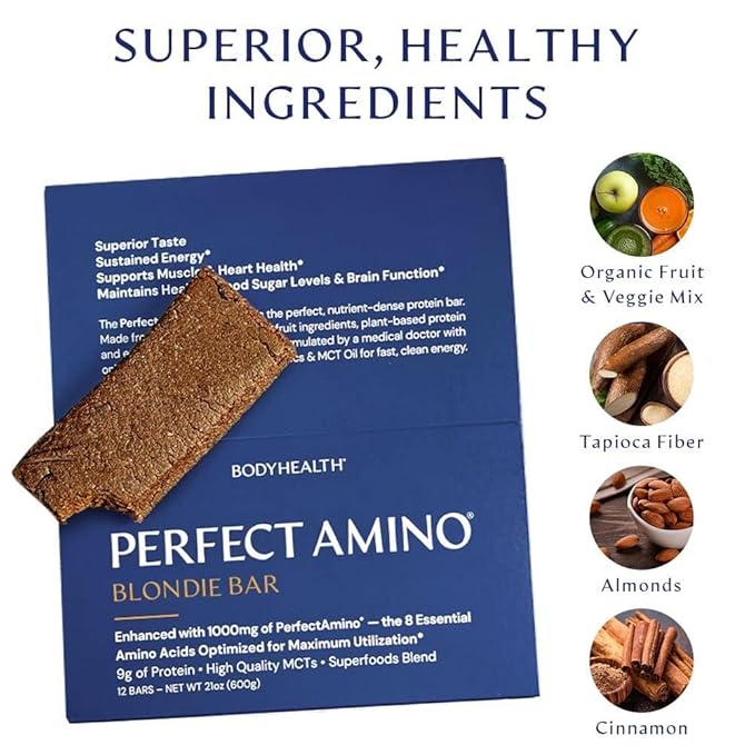BodyHealth PerfectAmino Bar – Protein Energy Snack with 10g Protein Plant-Based MCTs Superfood Blend Non-GMO Gluten Dairy &amp Soy Free (Blondie 12 Pack)