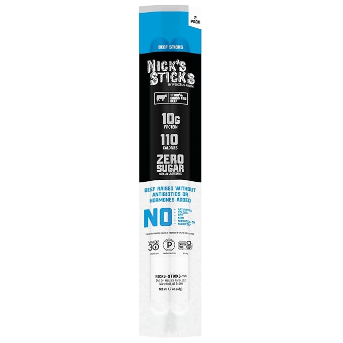 Nick's Sticks Clean &amp Balanced 100% Grass-Fed Beef Snack Sticks | Made in the USA | Gluten Free | Paleo Keto Whole30 Approved | No Soy Antibiotics or Hormones (12 – 1.7oz. Packages of 2 Sticks)