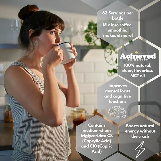 Achieved By Nature Organic MCT Oil 32 oz Pure MCTs from Coconuts C8 and C10 MCTs Keto Diet Friendly Use in Coffee Smoothies High Bioavailability Cold Pressed