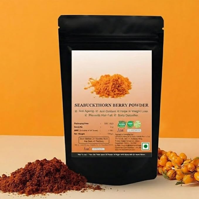 Organics Sea Buckthorn Berries Powder (150 Gm) Best Source of Vitamins and Phytonutrients | Dry SeaBuckthorn Berries Powder | Rich in Fiber Omegas Vitamin C E Source of Vitamins