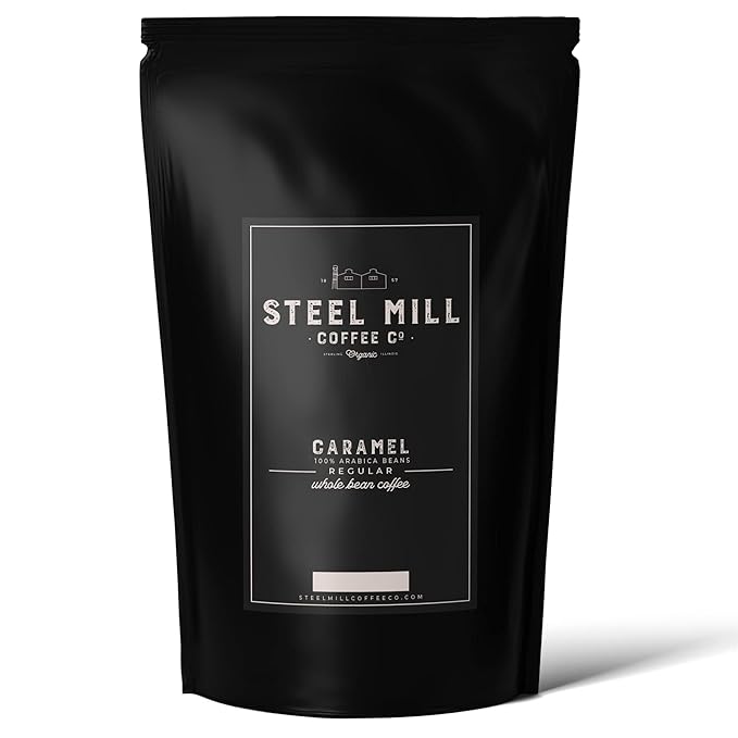 Steel Mill Coffee Co. Caramel Flavored Ground Coffee – 2 LB Bag | Medium Roast Colombian Arabica | Vegan Gluten-Free Sugar-Free Dairy-Free | Smooth Rich Caramel | Grown in Colombia