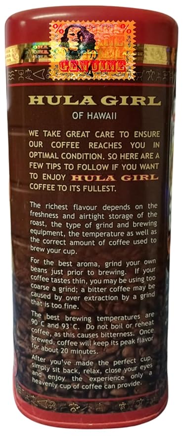 HULA GIRL 100% KONA Roasted Arabica Whole Bean Coffee Light Roast Net Wt. 10.5 Ounce (0.66Lb) 300 Grams Collector Tin