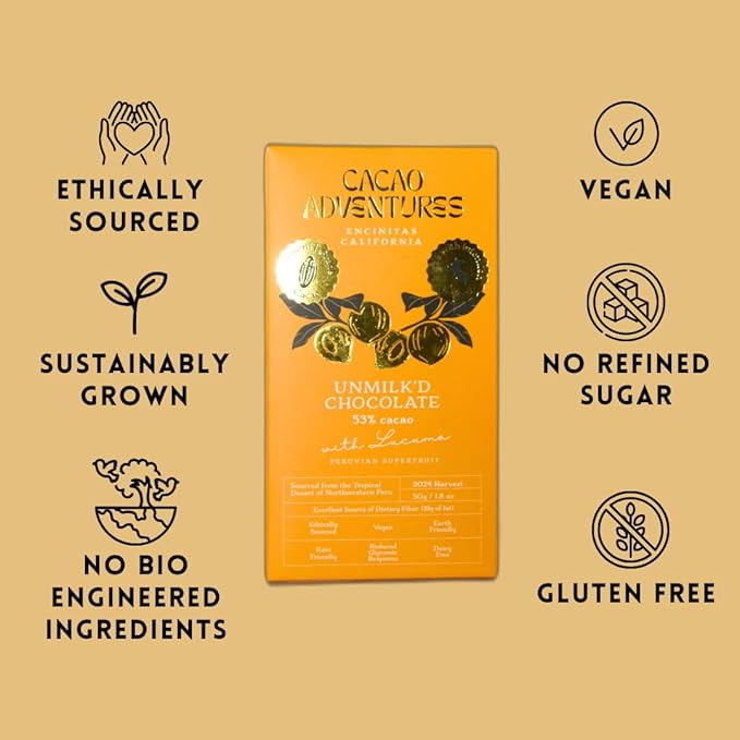 Cacao Adventures - Dairy-Free Lucuma Milk Chocolate | Unmilk'd Bar | Ceremonial Cacao | (1.76 oz - Pack of 3)