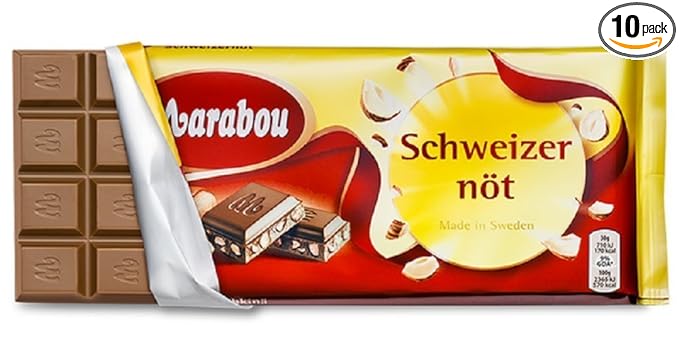10 Bars x 200g of Marabou Schweizernöt - Chopped Hazelnuts - Original - Swedish - Milk Chocolate