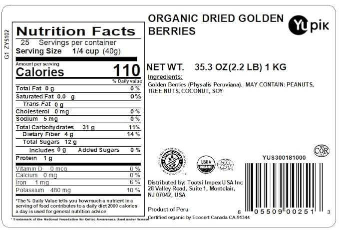 Yupik Organic Dried Golden Inca Berries 2.2 lb (35.2 oz) Dried Fruit Gluten-free Vegan Kosher No Added Sugar Oil-free Healthy Snacks Ideal for Baking &amp Topping