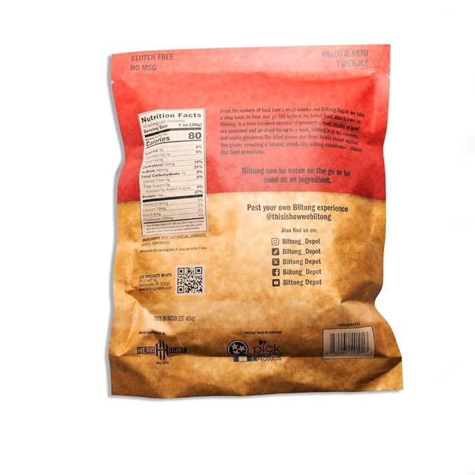 Biltong Depot Original Beef Biltong Slices with Fat – 1lb (16oz) | Air-Dried Beef Jerky Snack | High Protein | Zero Sugar | Keto &amp Paleo Friendly | Gluten Free | No Artificial Preservatives | No M