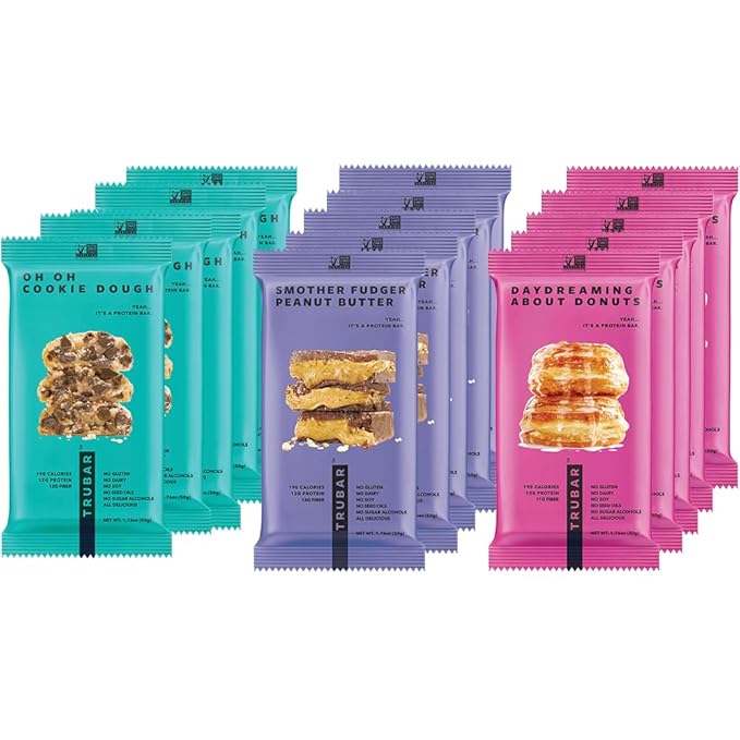 TRUBAR Vegan Protein Bars 15 Count Variety Pack Oh Oh Cookie Dough Daydreaming About Donuts &amp Smother Fudger Peanut Butter Gluten Free Plant Based Dairy Free High Fiber On-the-Go Healthy S