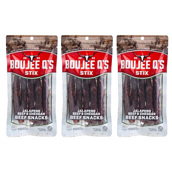 Boujee Q’s Beef Stix - Jalapeno &amp Cheddar - 100% Soft Beef Snack Sticks - Smoked Jerky-Style Protein Snack - Gluten-Free Low Carb No Sugar Keto Friendly - Made in USA - 3 Pack