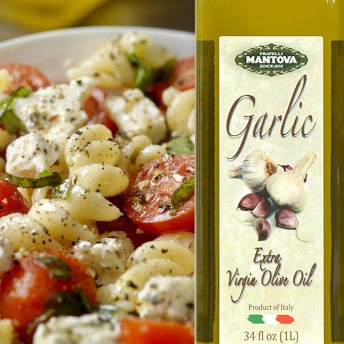 Mantova Garlic Extra Virgin Olive Oil (EVOO) Cold-Pressed and Imported from Italy 34 oz Glass Bottle - Flavorful Topping for Salads Vegetables and Pasta Dishes - Ideal for Dipping Italian Bread or