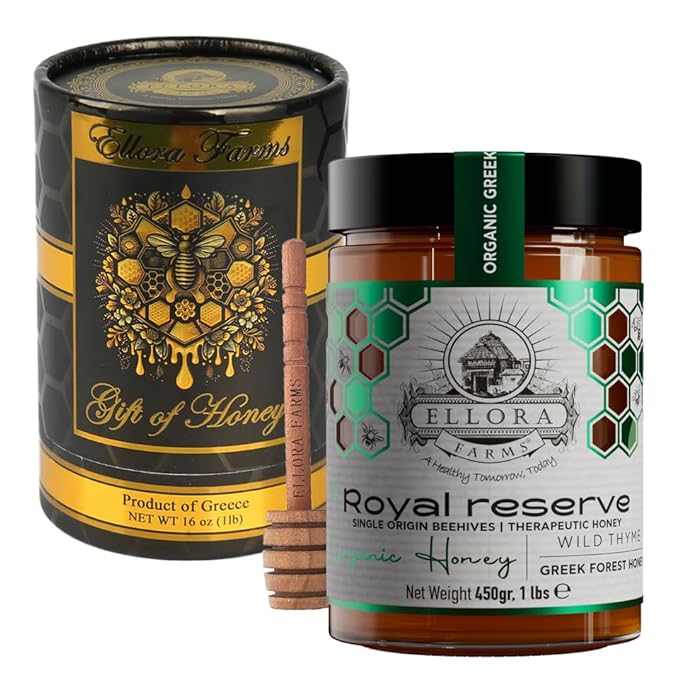 Ellora Farms Organic Greek Honey Wild Thyme Raw Unfiltered Preservative and Additive Free 2025 Paris and Dubai Gold Awards Winner Gift Pack with Dipper - 450g (16oz)