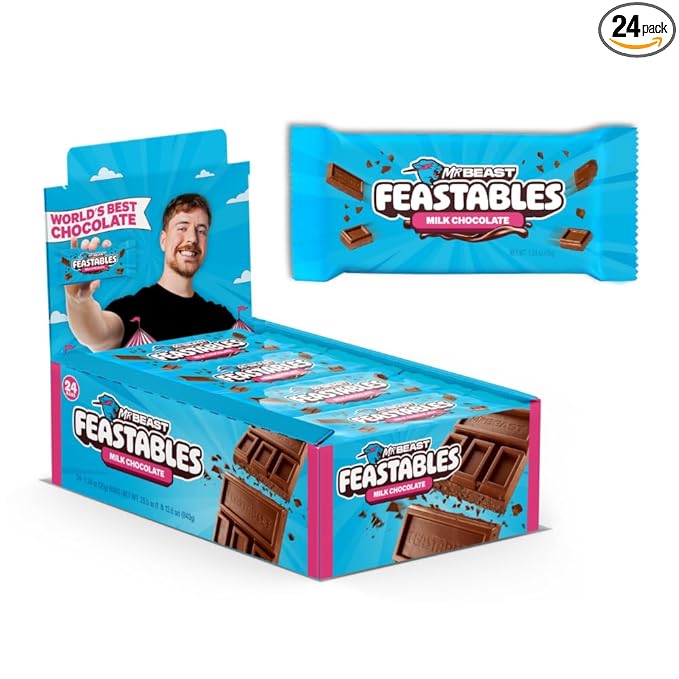 MrBeast Feastables Milk Chocolate Bar Full Size 24 Count Smooth &amp Creamy Milk Chocolate Candy Fairtrade Cocoa 1.24oz Each