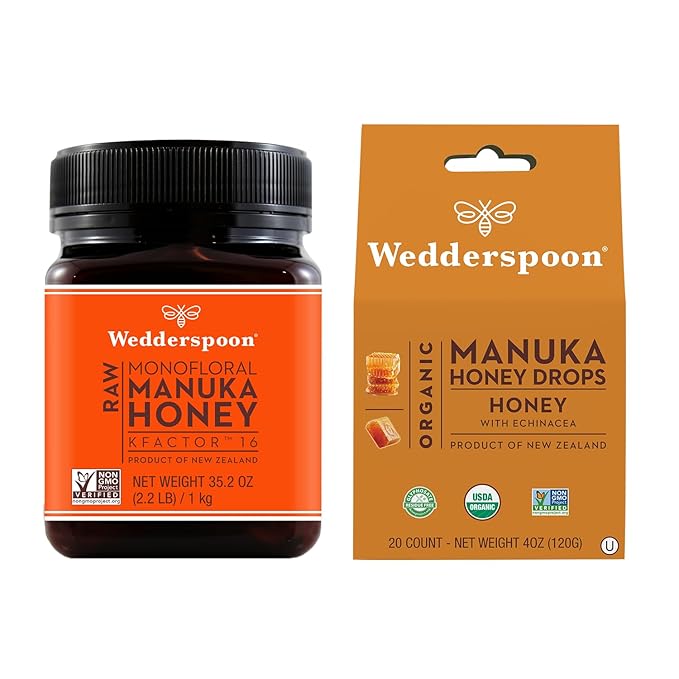 Bundle - Wedderspoon Raw Premium Manuka Honey KFactor 16 (35.2 Oz) and Manuka Honey Drops Honey &amp Echinacea (4 Oz)