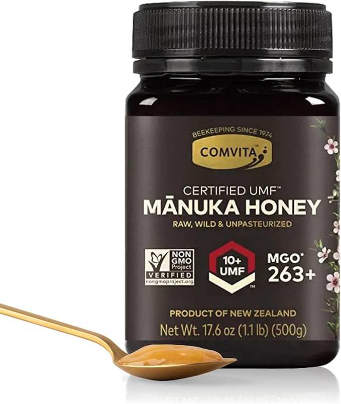 Comvita Manuka Honey UMF 10+ (MGO 263+) - Raw Manuka Honey New Zealand Pure &amp Unpasteurized Superfood for Immune Health Use in Tea Wild Monofloral Non-GMO - 500g (17.6 oz)