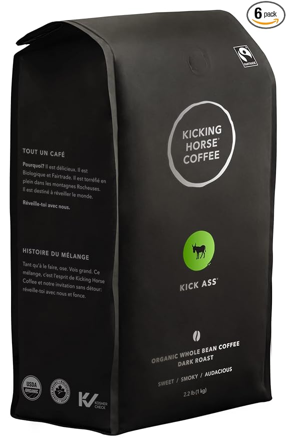 Kicking Horse Coffee Kick Ass Dark Roast Whole Bean Certified Organic Fairtrade Kosher Black 1 Kg Pack of 6