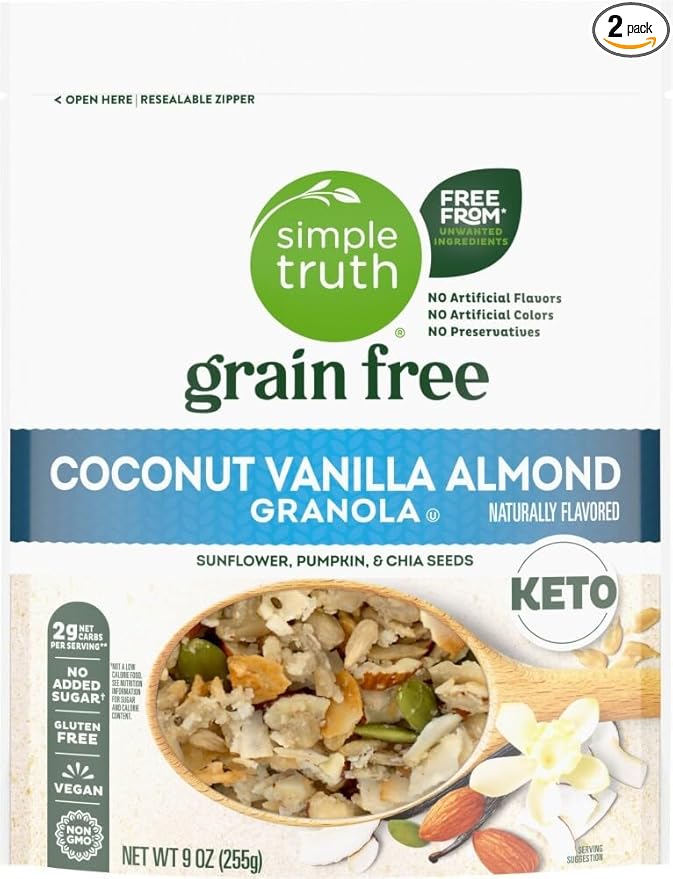Simple Truth Keto Grain Free Coconut Vanilla Almond Granola No Added Sugar Gluten Free Vegan 9 oz (2 Pack)