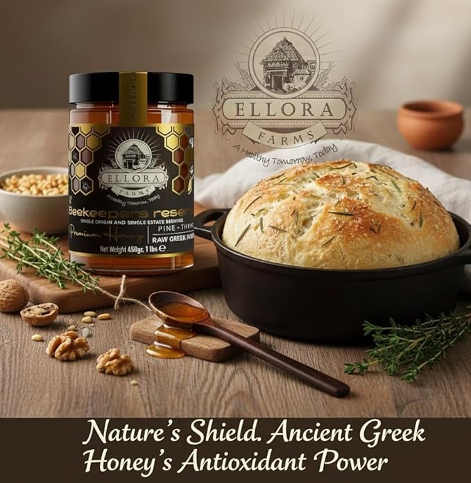 Ellora Farms Greek Honey Single Estate PDO Pine &amp Thyme Raw Honey Unfiltered Beautiful Gift Pack with Dipper Beekeepers Reserve Pure Raw &amp Unfiltered Cold-Pressed Gluten Free - 450 g