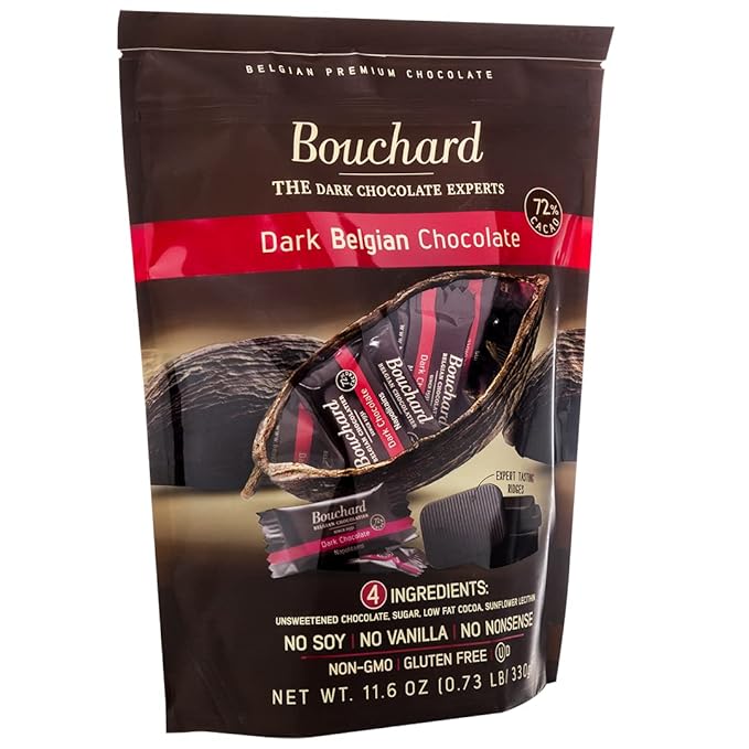 Bouchard Dark Belgian Chocolate (72% Cacao) | Individually Wrapped in Resealable Bag | No Soy No Vanilla No Nonsense | Non-GMO Gluten Free OU-D Kosher