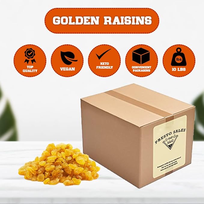 Raisins Crop year 2024 Fresh Bright Yellow Golden seedless Sun-Dried Naturally Sweet Nutritious Packed in a 10 lbs. (160 oz.) Packed in a box by Presto Sales LLC