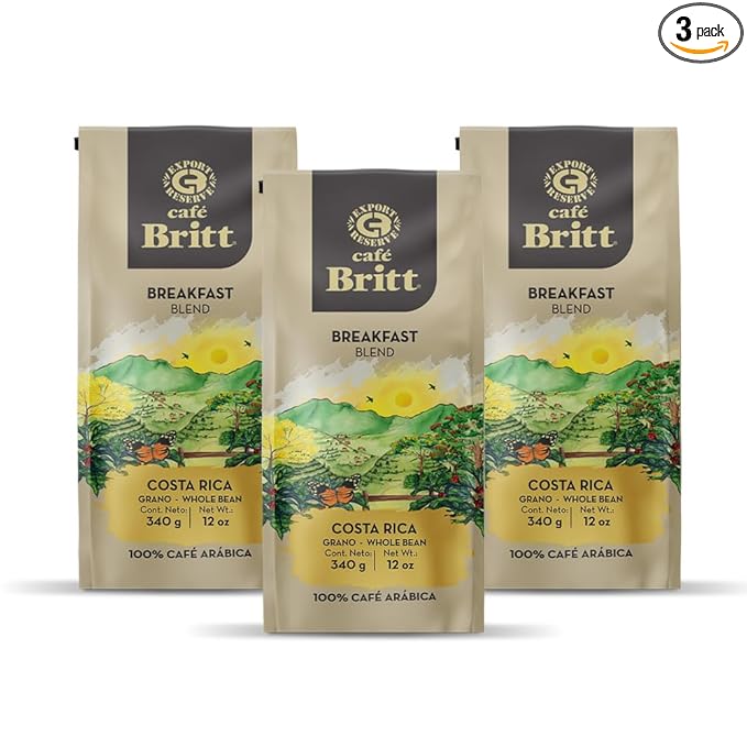 Café Britt® - Costa Rican Breakfast Blend Coffee (12 oz.) (3-Pack) - Whole Bean Arabica Coffee Kosher Gluten Free 100% Gourmet &amp Medium Dark Roast