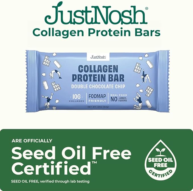 JUSTNOSH Double Chocolate Chip Collagen Protein Bars – 15g Protein 10g Collagen | Gluten &amp Dairy Free Low FODMAP Seed Oil Free (12 Pack)
