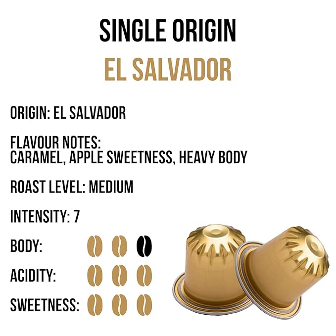 Jewel Coffee Specialty Coffee Pods - El Salvador Single Origin 100% Arabica Coffee Intensity 7 Medium Roast Compatible with Original Nespresso Machines 100 Count (10 Boxes of 10 Espresso Pods)