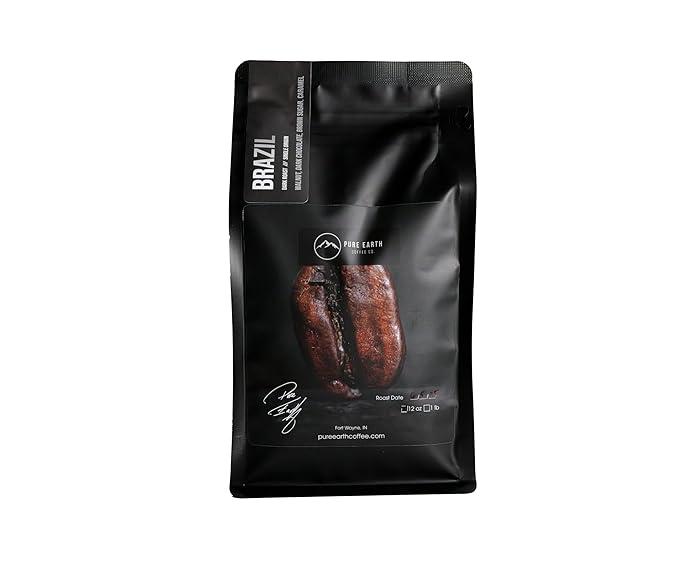 PURE EARTH COFFEE CO. Whole Bean Coffee Brazil Single-Origin Beans Dark Roast Bold Gourmet Specialty Grade Coffee Chocolate Walnut Bold and Smooth Flavor Notes 12oz